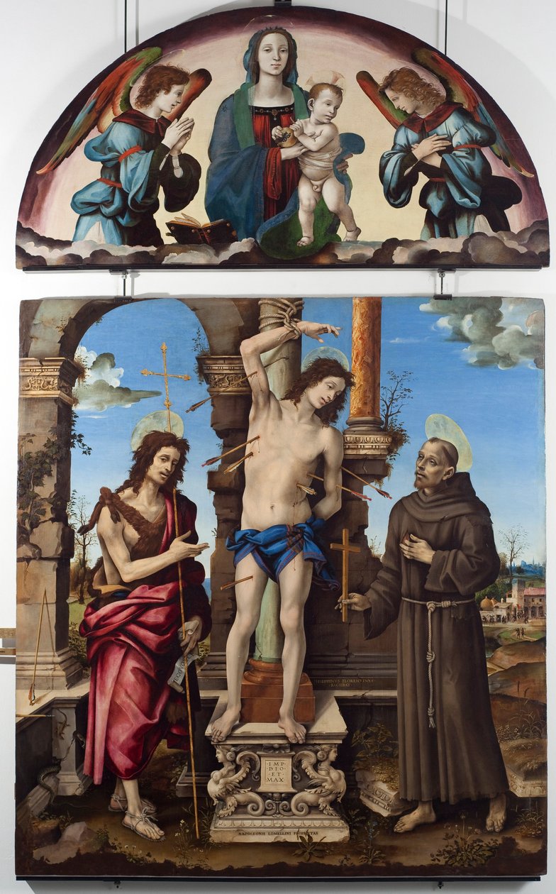 Szent Sebestyén Keresztelő Szent János és Assisi Szent Ferenc központi panellel körülvéve. A Szűznek gyermeke van. Filippo Lippi (1451-1504) festménye fára Dim. 298x185 cm Musei di Strada Nuova (ex Palazzo Bianco), Genes alkotó: Filippino Lippi