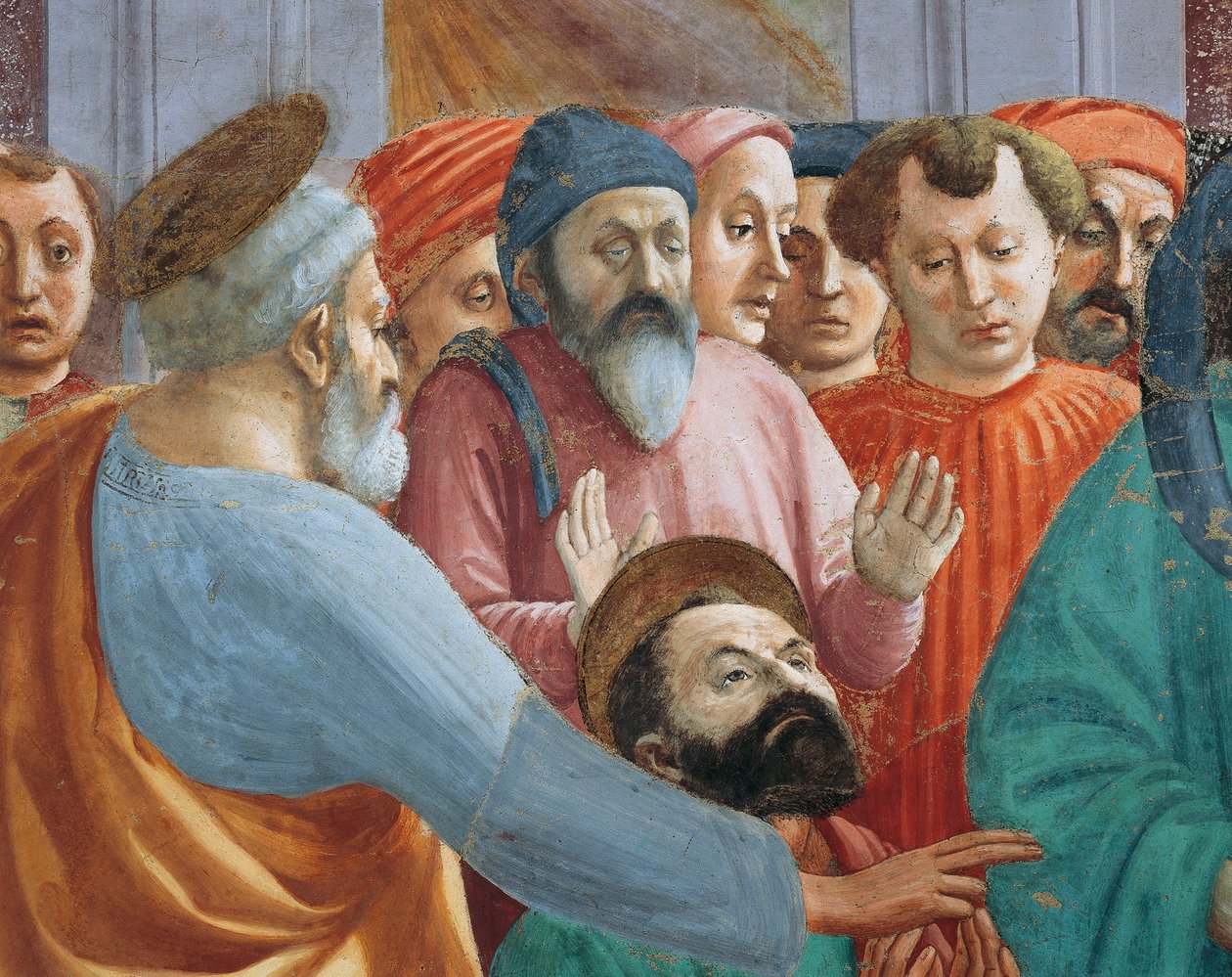 Szentek és tömeg, részlet a Theophilus fiának feltámadásából, Tommaso Masaccio, freskó alkotó: Filippino Lippi
