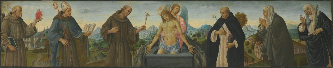 Fájdalmak férfia és hat szent (Páduai Szent Antal, Toulouse-i Lajos, Ferenc, Domonkos, Klára és Sienai Katalin) alkotó: Filippino Lippi