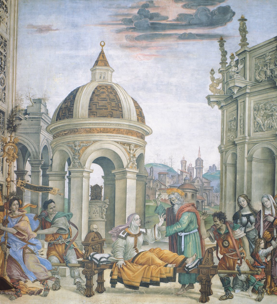 Szent János evangélista újraélesztése Drusiana, részlet Szent János evangélista történeteiből, Filippino Lippi (1457-kb. 1504), freskó, Santa Maria Novella-bazilika, Strozzi-kápolna, Firenze alkotó: Filippino Lippi