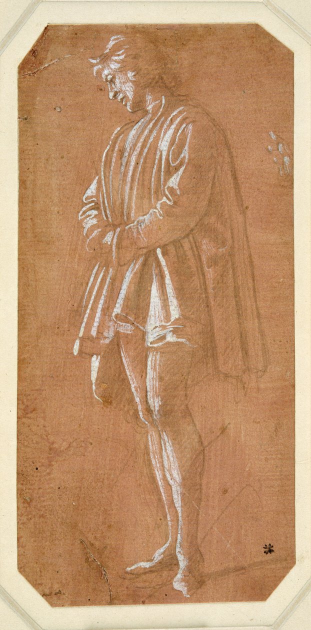 Tanulmány egy fiatal férfiról, aki ujjában összekulcsolt kézzel áll (fémhegy papíron, rózsaszín, fehér testszínnel kiemelve) alkotó: Filippino Lippi