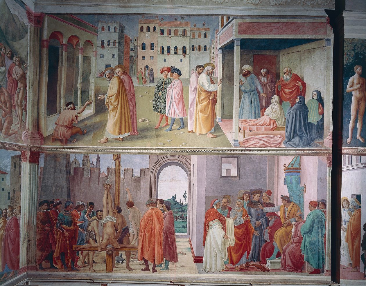 A nyomorék gyógyulása és Tabitha felnevelése, Masolino da Panicale, Szent Péter szembesül Simon Mágussal Néró előtt, és Szent Péter vértanúsága, Filippino Lippi freskók alkotó: Filippino Lippi