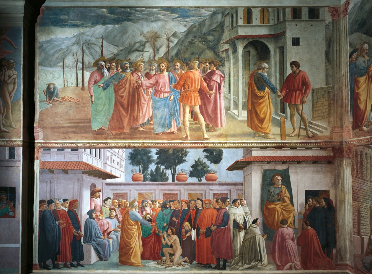 A Tribute pénz, Tommaso Masaccio, Theophilus fiának és Szent Péter trónra emelése, Tommaso Masaccio és Filippo Lippi freskók alkotó: Filippino Lippi