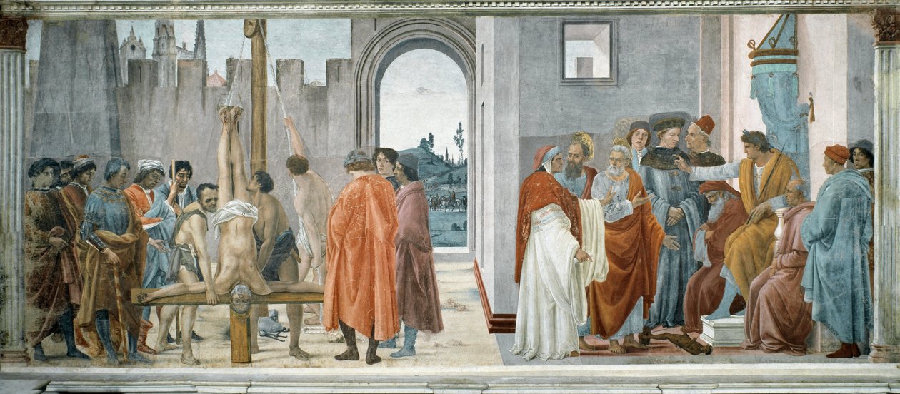 A vita Simon varázsló (a mágus vagy a szamáriai Simon, meghalt 65-ben) (Néróval (37-68) a trónon) és Szent Péter keresztre feszítése (A vita Simon Magóval és Szent Péter keresztre feszítése) között - Fülöp-szigeteki Lippi (1457-1504) freskója, 232x588 c alkotó: Filippino Lippi