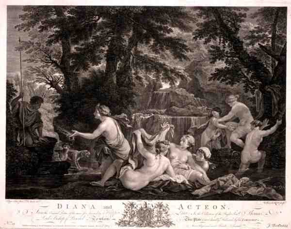 Diana és Acteon, vésette William Woollett (1735-85), kiadó: J. Boydell alkotó: Filippo (after) Lauri