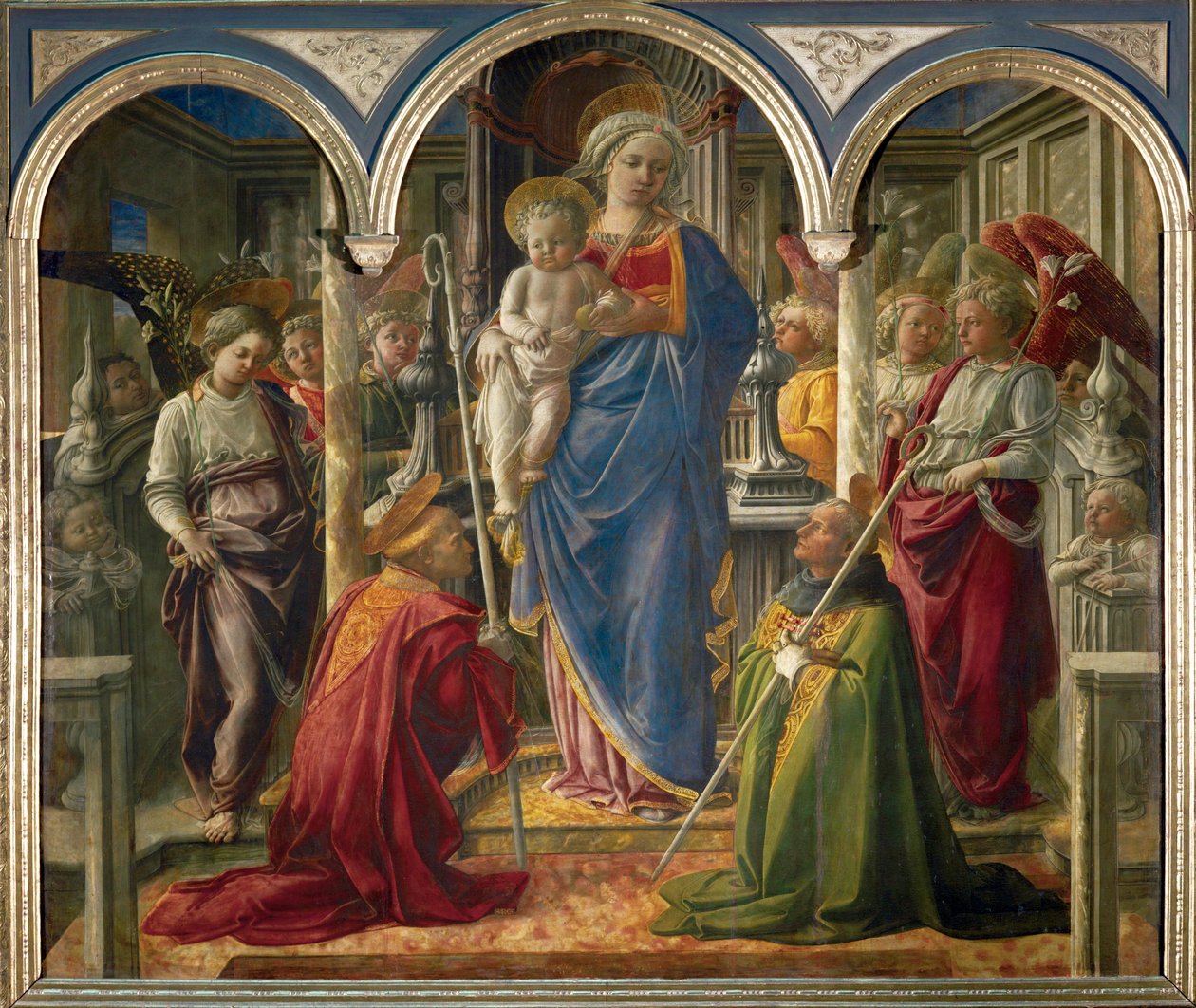 Madonna és gyermeke angyalokkal, valamint Szent Frediano és Szent Ágoston, az úgynevezett "Pala Barbadori" ... alkotó: Filippo (workshop of) Lippi