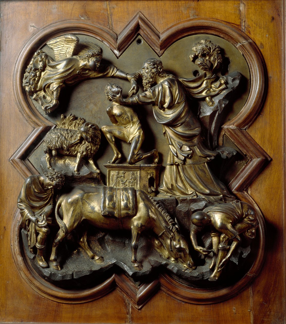 Izsák áldozata. Filippo Brunelleschi (1377-1446) domborműve alkotó: Filippo Brunelleschi