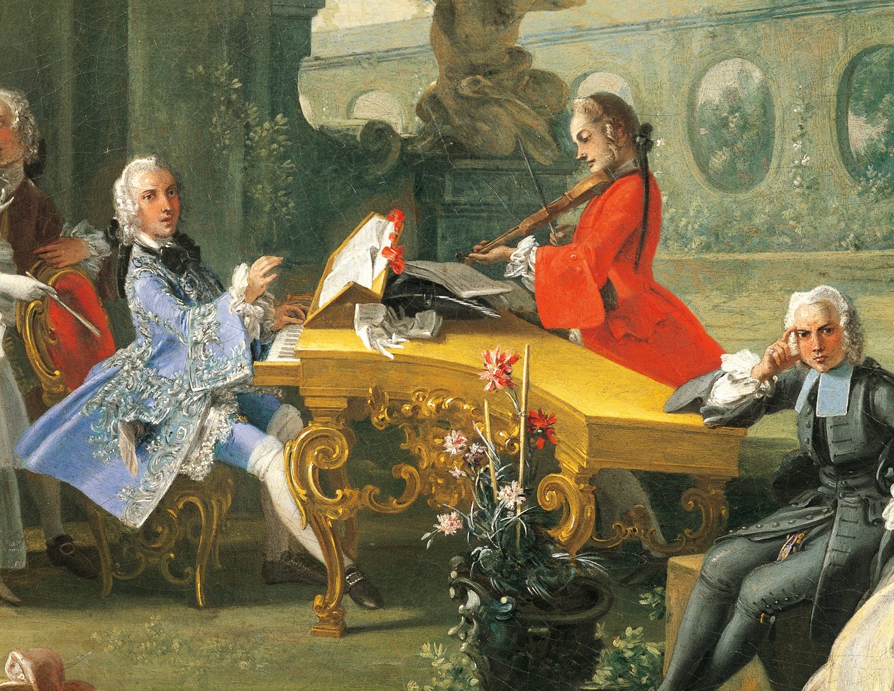 Koncert a kertben, 1750 körül, Filippo Falciatore (aktív 1737-1768), olaj, vászon, 75,8 x 102 cm. Részlet. Olaszország alkotó: Filippo Falciatore