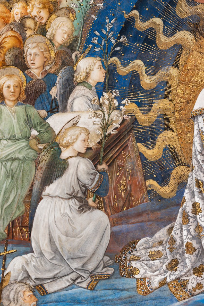 Liliomot tartó angyalok, virágok, amelyek a tisztaság szimbólumai, Mária megkoronázásának részlete alkotó: Filippo Lippi