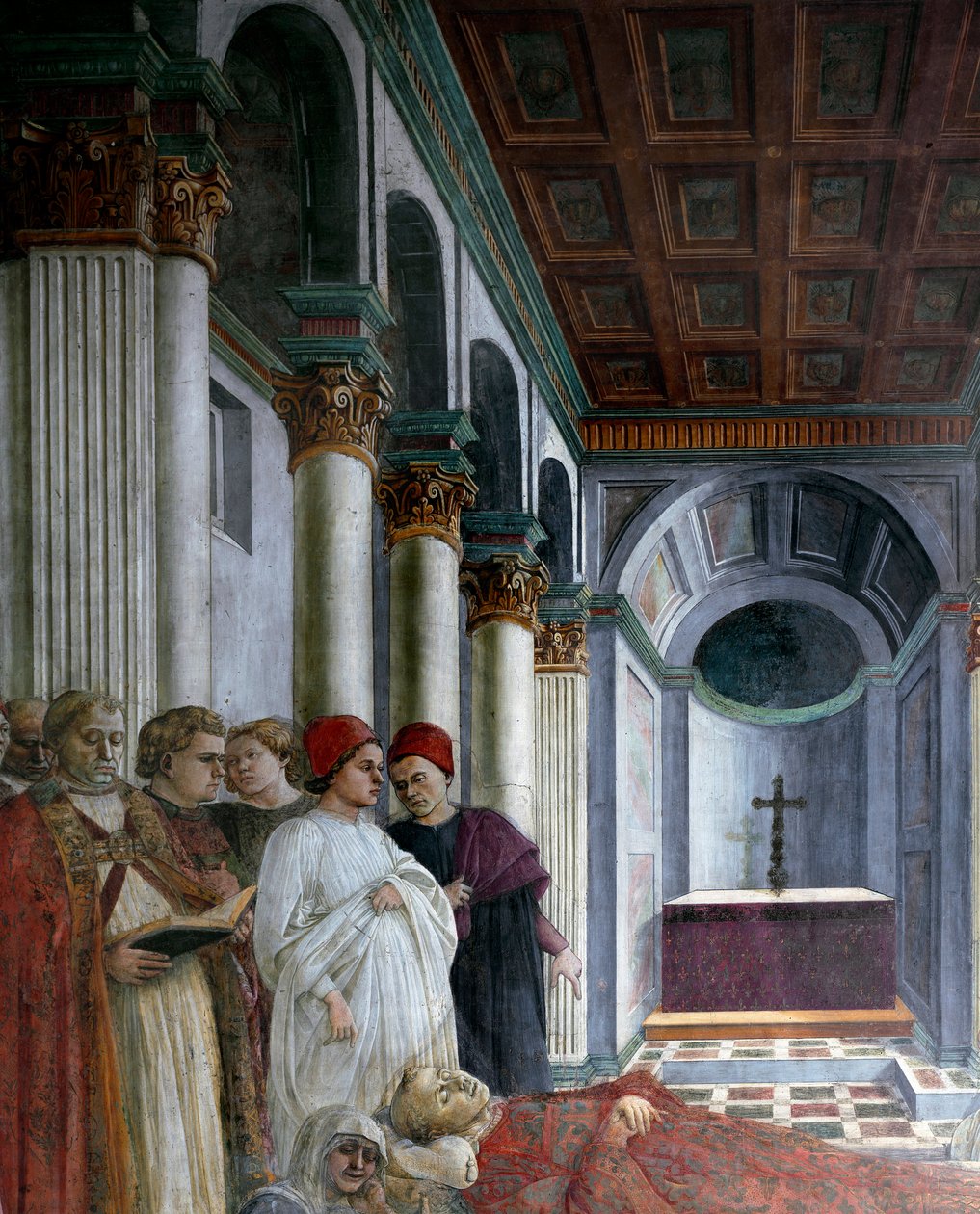 Ciklus Szent István életéről: „” Szent István temetése”” (The esequie di santo Stefano) Részlet. Filippo Lippi (kb. 1406-1469) freskója 1452-1465 Prato, Cattedrale di Santo Stefano (Duomo) Olaszország - Történetek Szent István életéből. Temetés, alkotó: Filippo Lippi