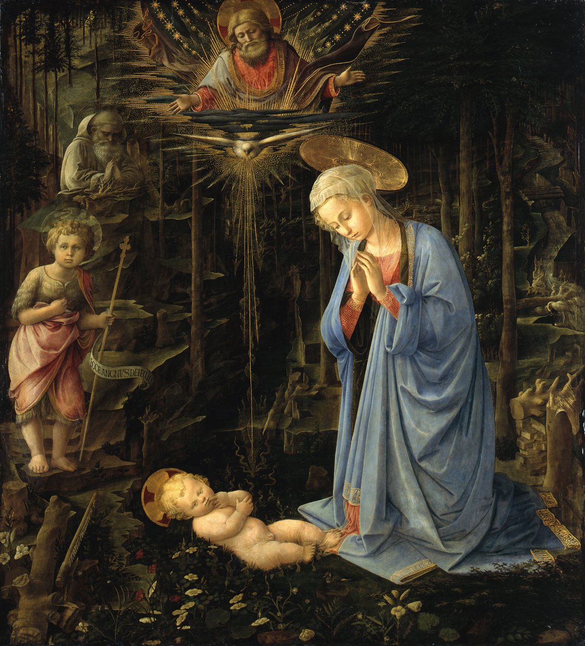 A Szűzanya imádja a gyermeket / Az erdei imádás, A Szent Család a fiatal Szent Jánossal alkotó: Filippo Lippi