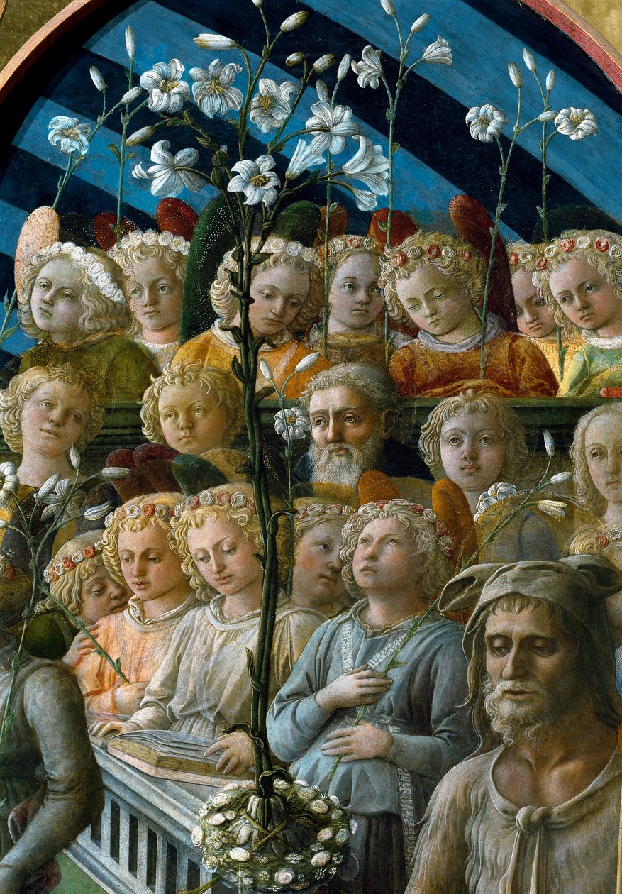 A Liliomvirágot tartó kórista angyalok Szűz részletének megkoronázása. A jobb oldalon lent látható Keresztelő Szent János Firenze védőszentje. Filippo Lippi (1457-1504) festménye alkotó: Filippo Lippi