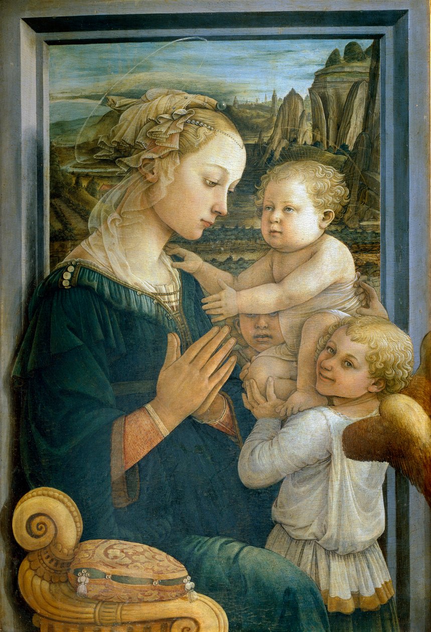 Szűz és gyermek és két angyal Detrempe fán, Filippo Lippi (1406-1469) 1465 kb. Homályos. 92x63 cm Firenze, Galleria degli Uffizi (Irodák) alkotó: Filippo Lippi