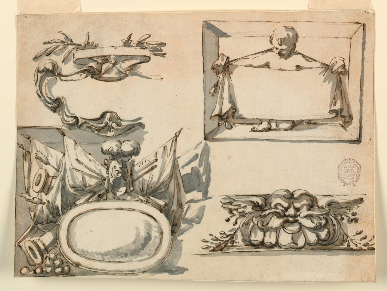 Rajz, Egy címerpajzs, egy trófea, egy címke, egy fríz díszítő motívum, 1750-75 alkotó: Filippo Marchionni