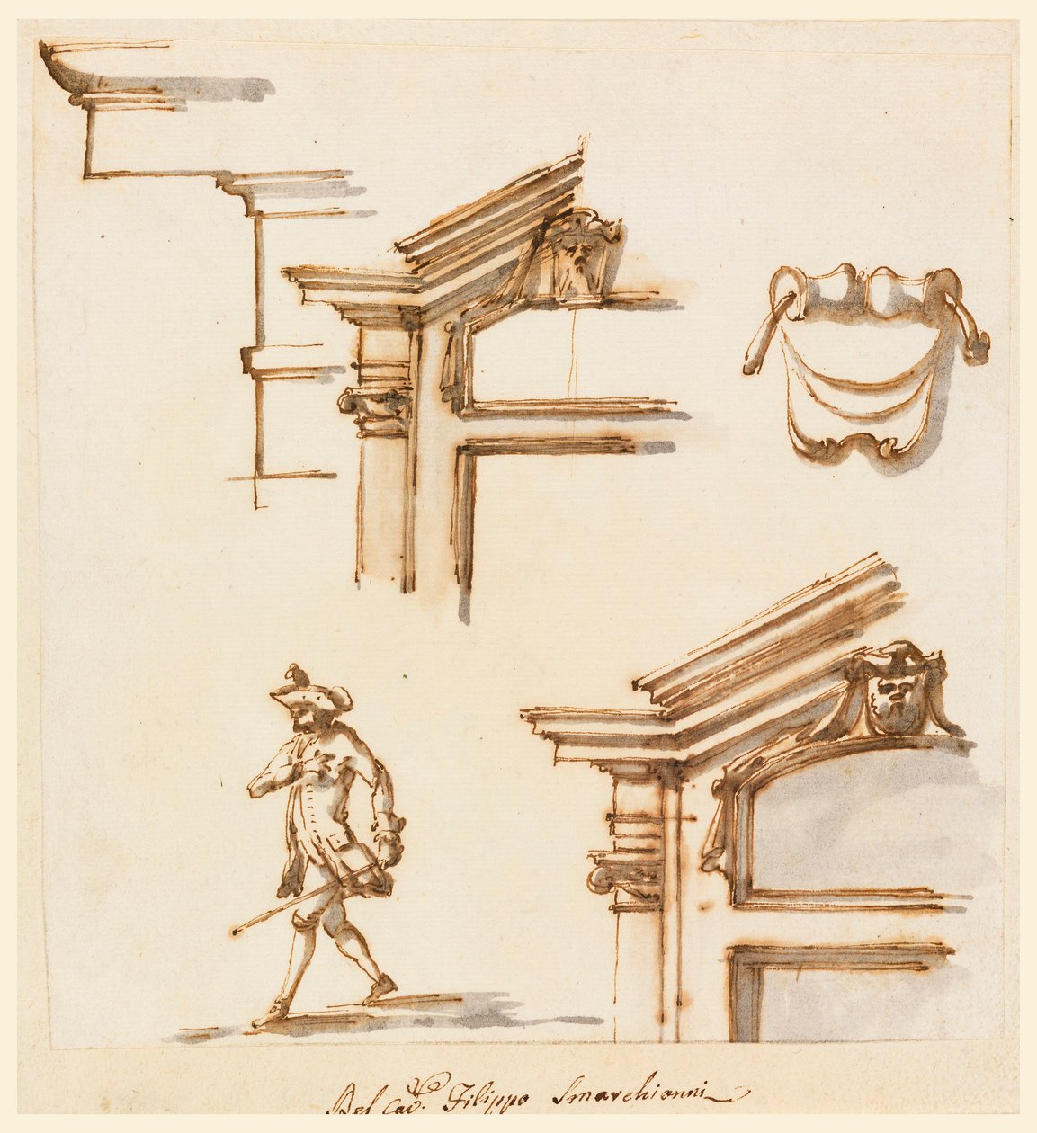 Rajz, építészeti részletek és figurális tanulmány, 1760-75 alkotó: Filippo Marchionni