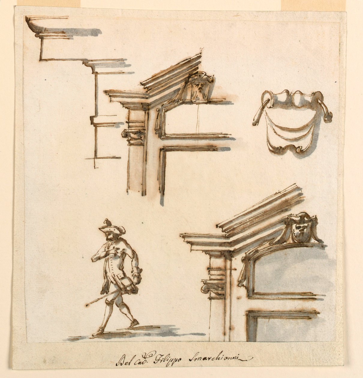 Rajz, építészeti részletek és figurális tanulmány, 1760-75 alkotó: Filippo Marchionni