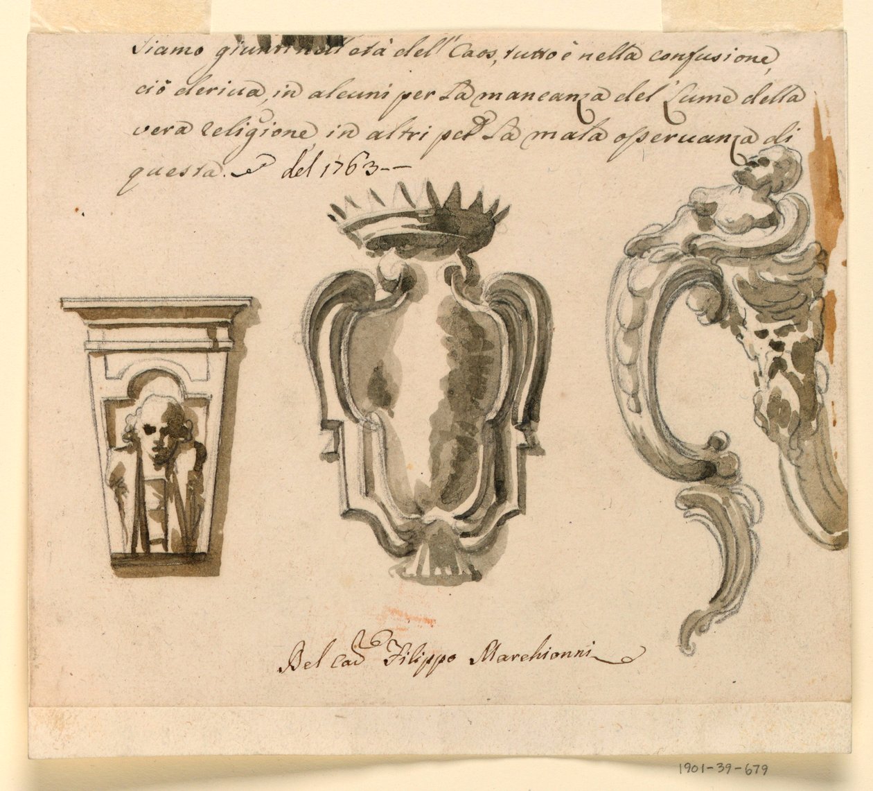 Rajz, terv konzolhoz és címerpajzshoz, 1763 alkotó: Filippo Marchionni