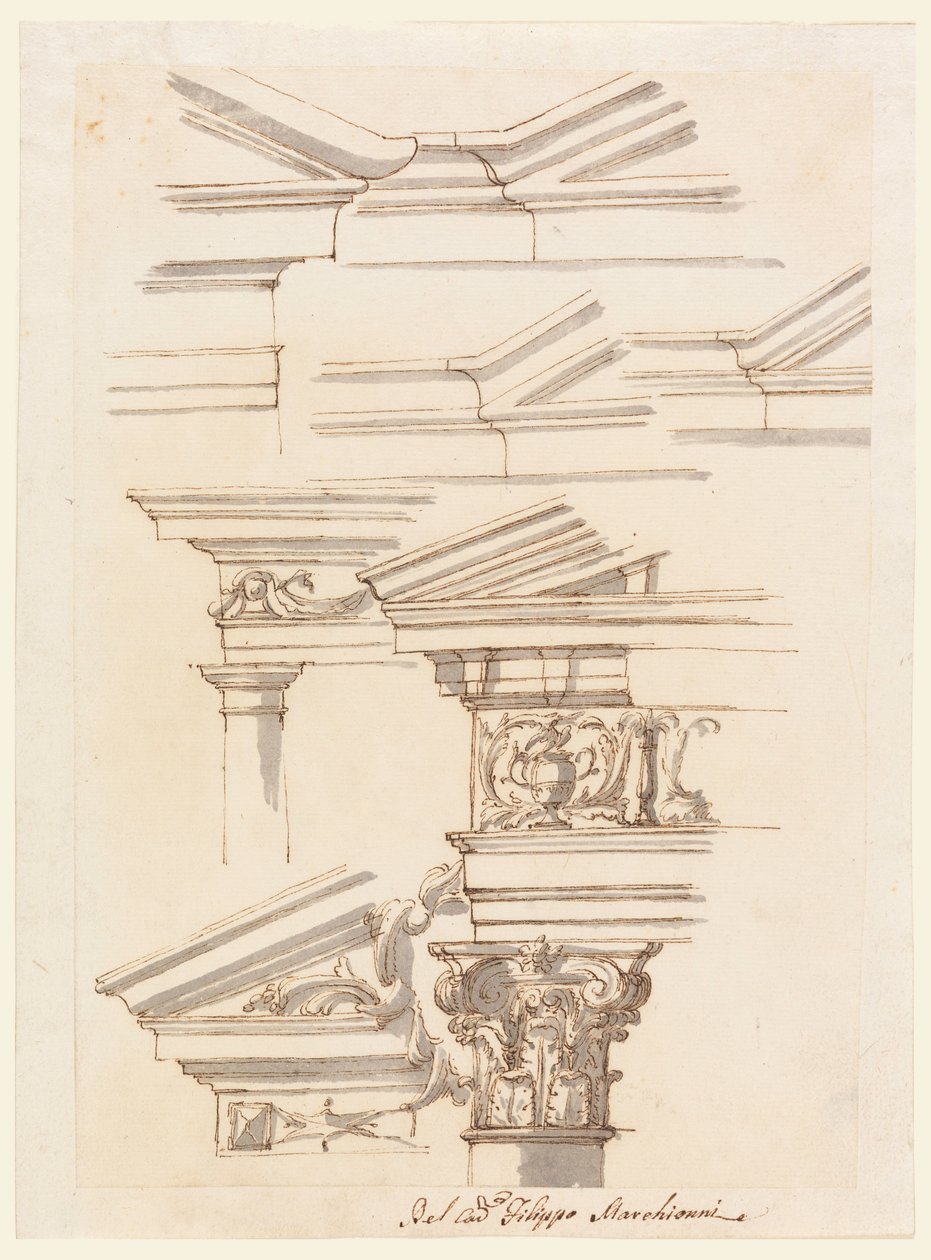 Rajz, Tanulmányok lábazathoz és oromzathoz, 1770 körül. alkotó: Filippo Marchionni
