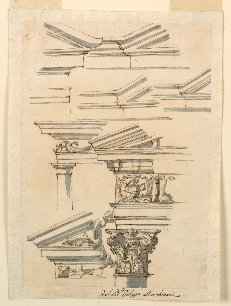 Rajz, Tanulmányok lábazathoz és oromzathoz, 1770 körül. alkotó: Filippo Marchionni