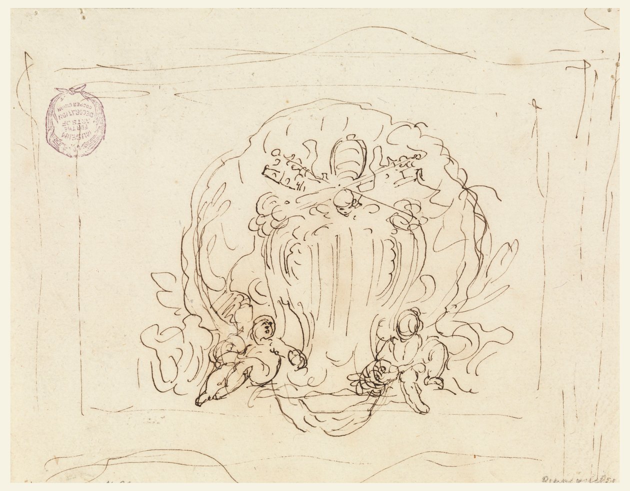 Rajz, Tábla XIV. Benedek pápa címerével, háttérben kagyló, 1740-58 alkotó: Filippo Marchionni