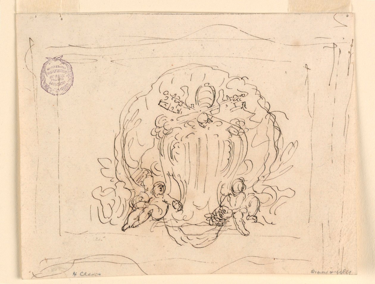 Rajz, Tábla XIV. Benedek pápa címerével, háttérben kagyló, 1740-58 alkotó: Filippo Marchionni