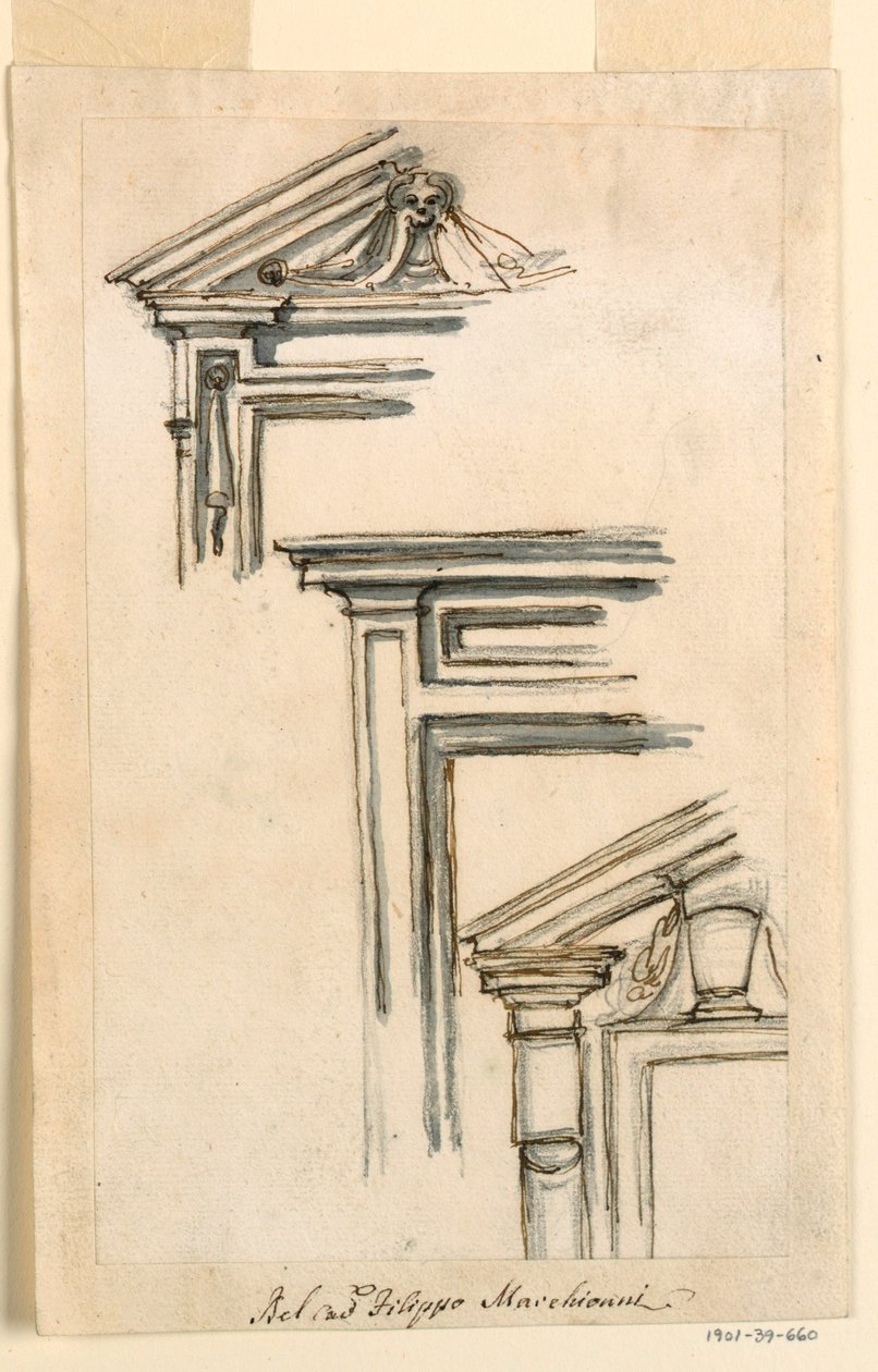 Rajz, Három ablak vagy ajtó tok, 1770 körül. alkotó: Filippo Marchionni