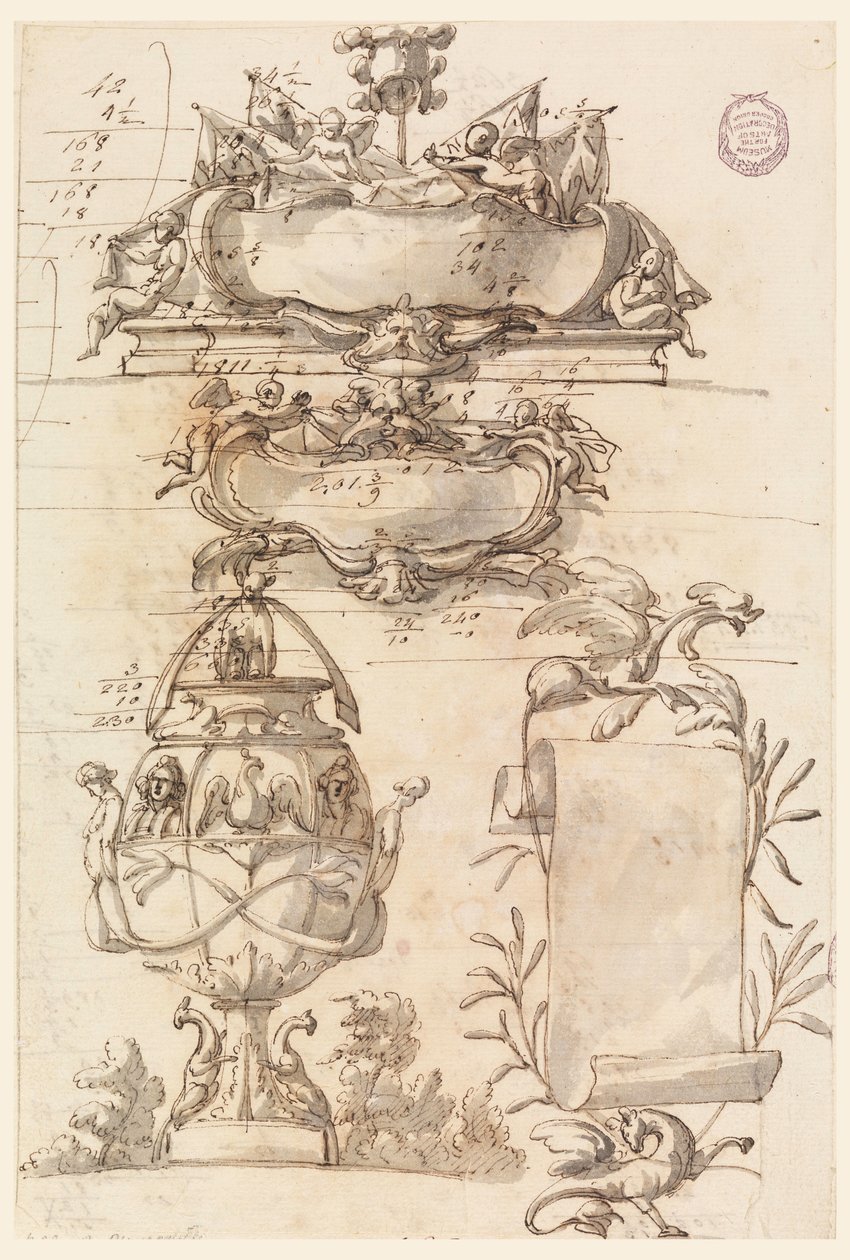 Rajz, Két címerpajzs, díszes váza és egy tekercs, 1750-75 alkotó: Filippo Marchionni