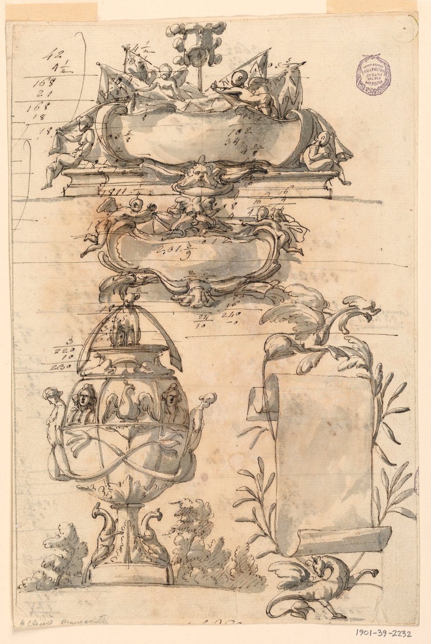 Rajz, Két címerpajzs, díszes váza és egy tekercs, 1750-75 alkotó: Filippo Marchionni