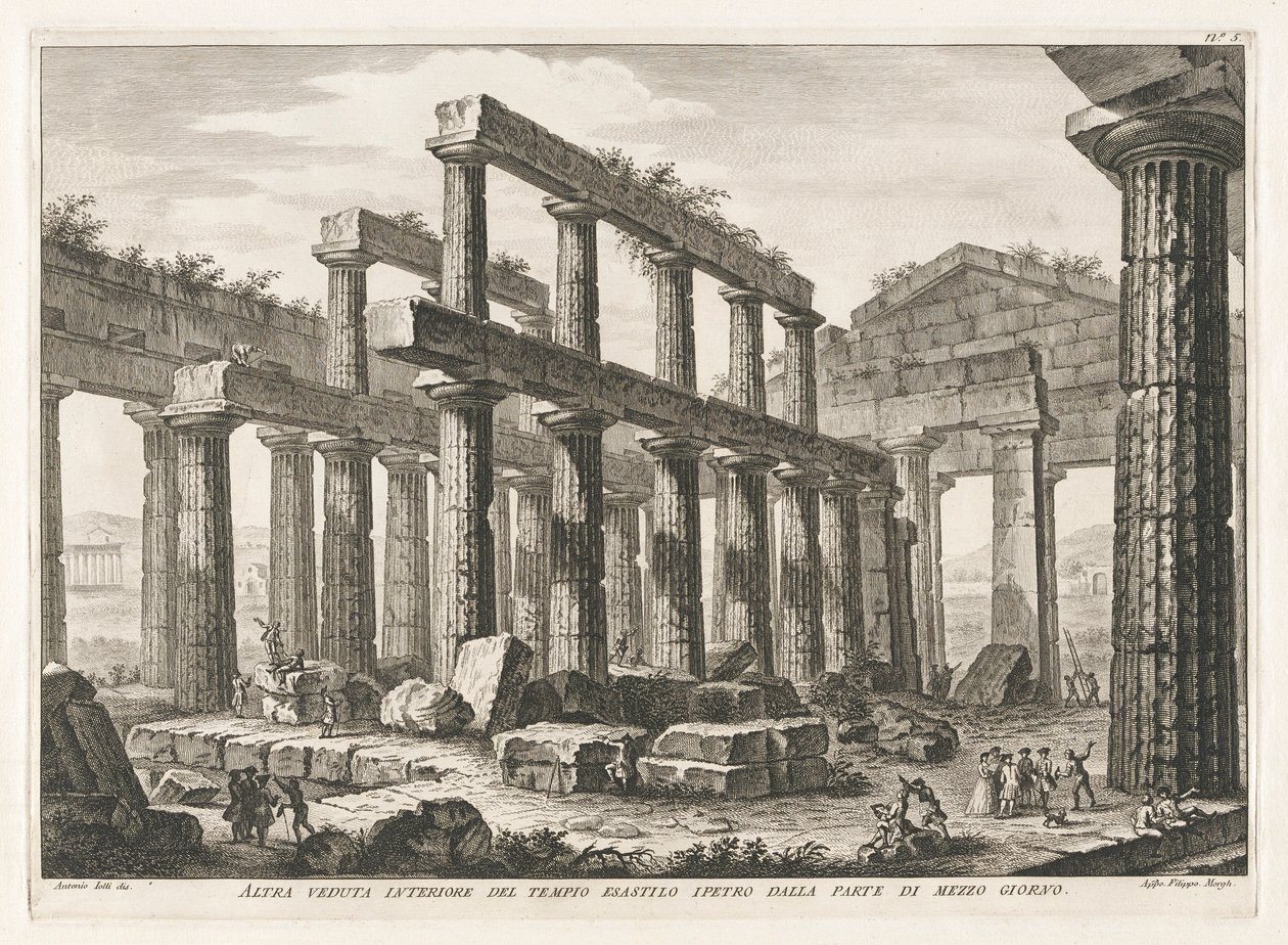 Egy másik belső nézet a Hexastyle Hypaethral templomról délről, Antichit felől? Pesto (Paestum régiségei) alkotó: Filippo Morghen