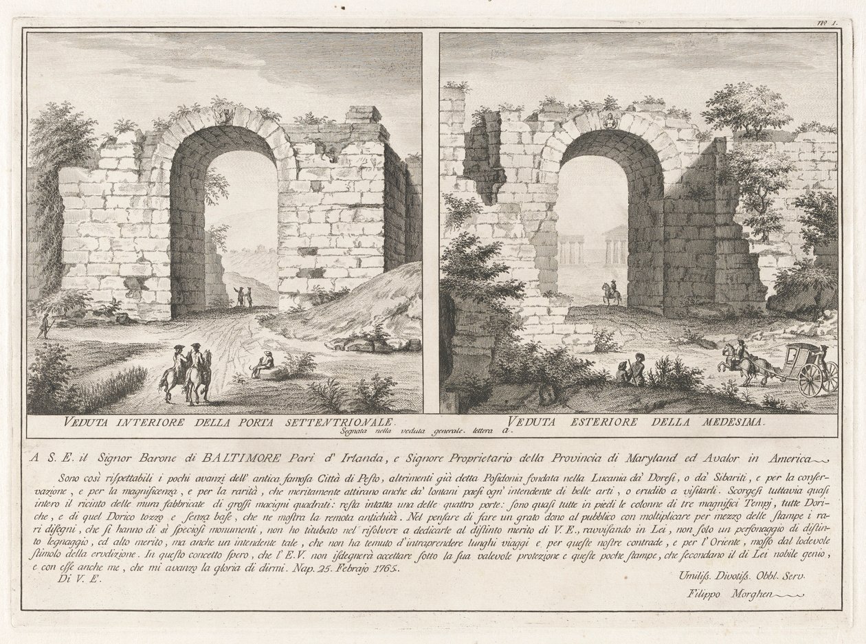 Dedikációs oldal, az Antichittől? di Pesto (Paestum régiségei) alkotó: Filippo Morghen