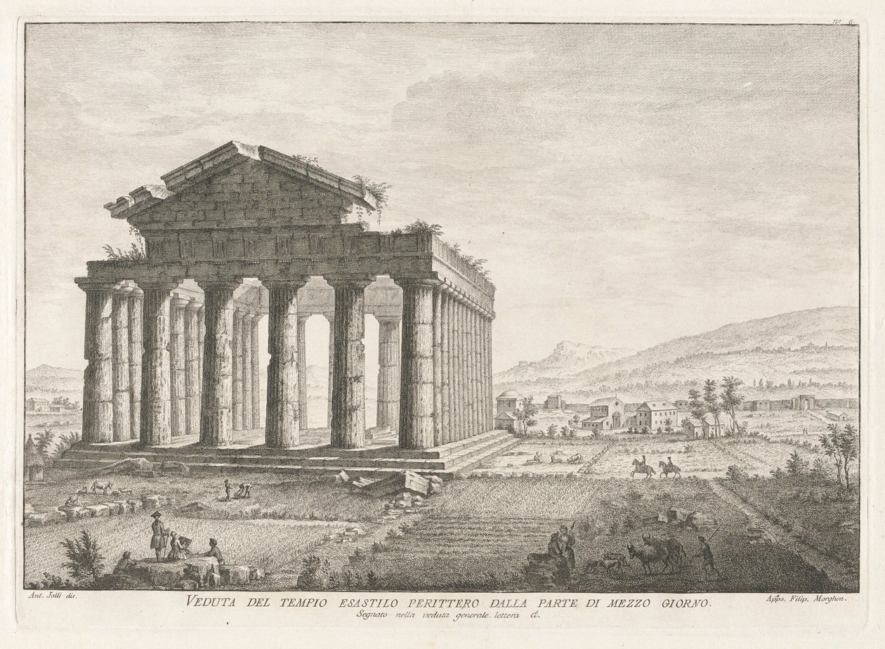 Kilátás a Peripterális Hexastyle templomra délről, Antichit felől? Pesto (Paestum régiségei) alkotó: Filippo Morghen