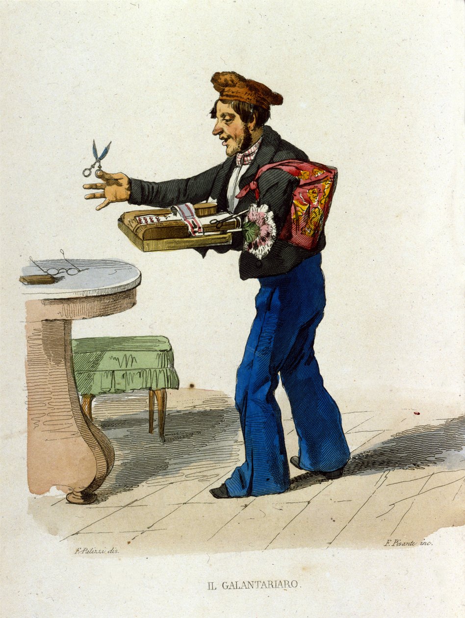 Bátor kereskedők (kiskereskedők) Nápolyban. Ezek az utcai árusok kozmetikumokat kínáltak. - Színes rézmetszet F. Palizza festménye nyomán (a Francesco de Bourcard "Costumi del regno"-ból). alkotó: Filippo Palizzi