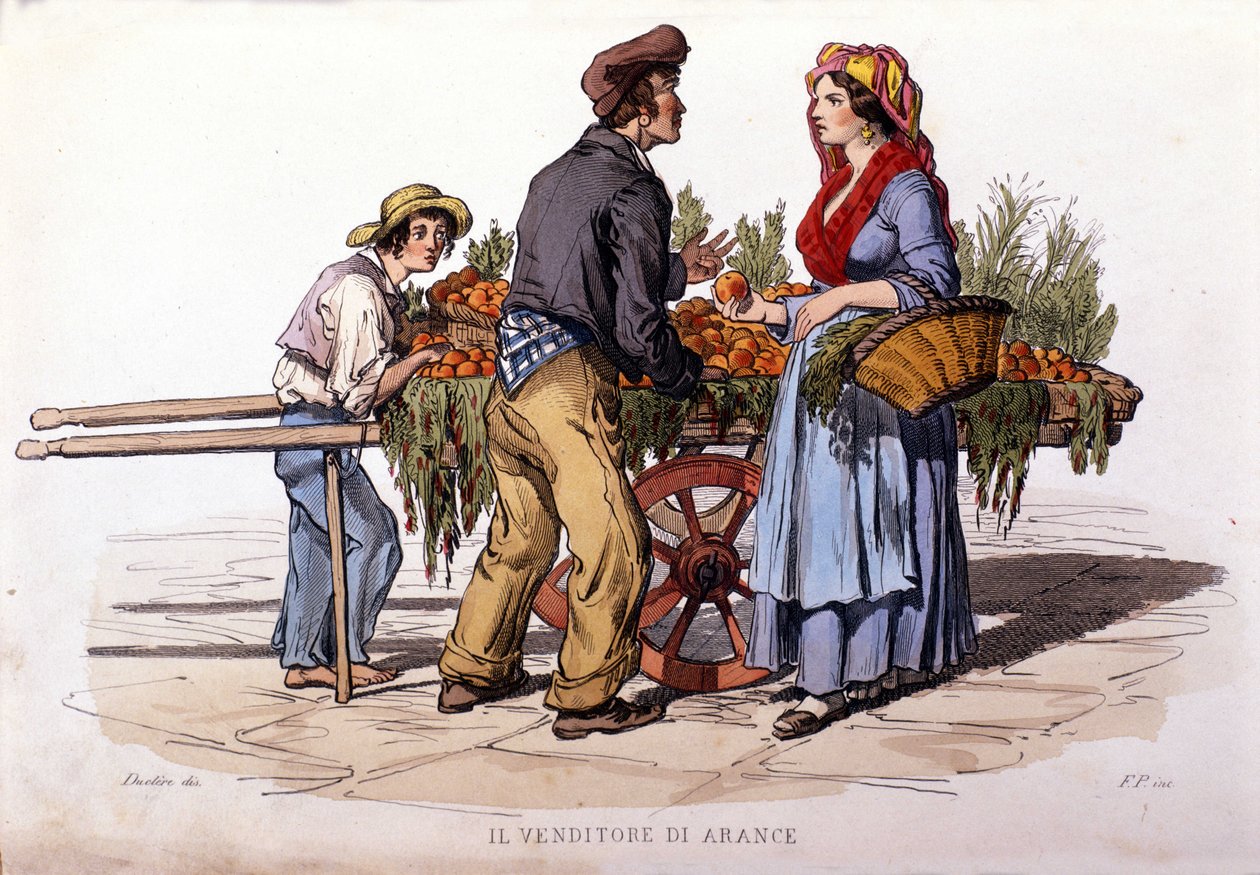 Nápoly város Kleingewerbe: a sétáló narancsárus. Metszet F. Palizza festménye után. Francesco de Bourcard „” Costumi del regno di Napoli” című művéből” alkotó: Filippo Palizzi
