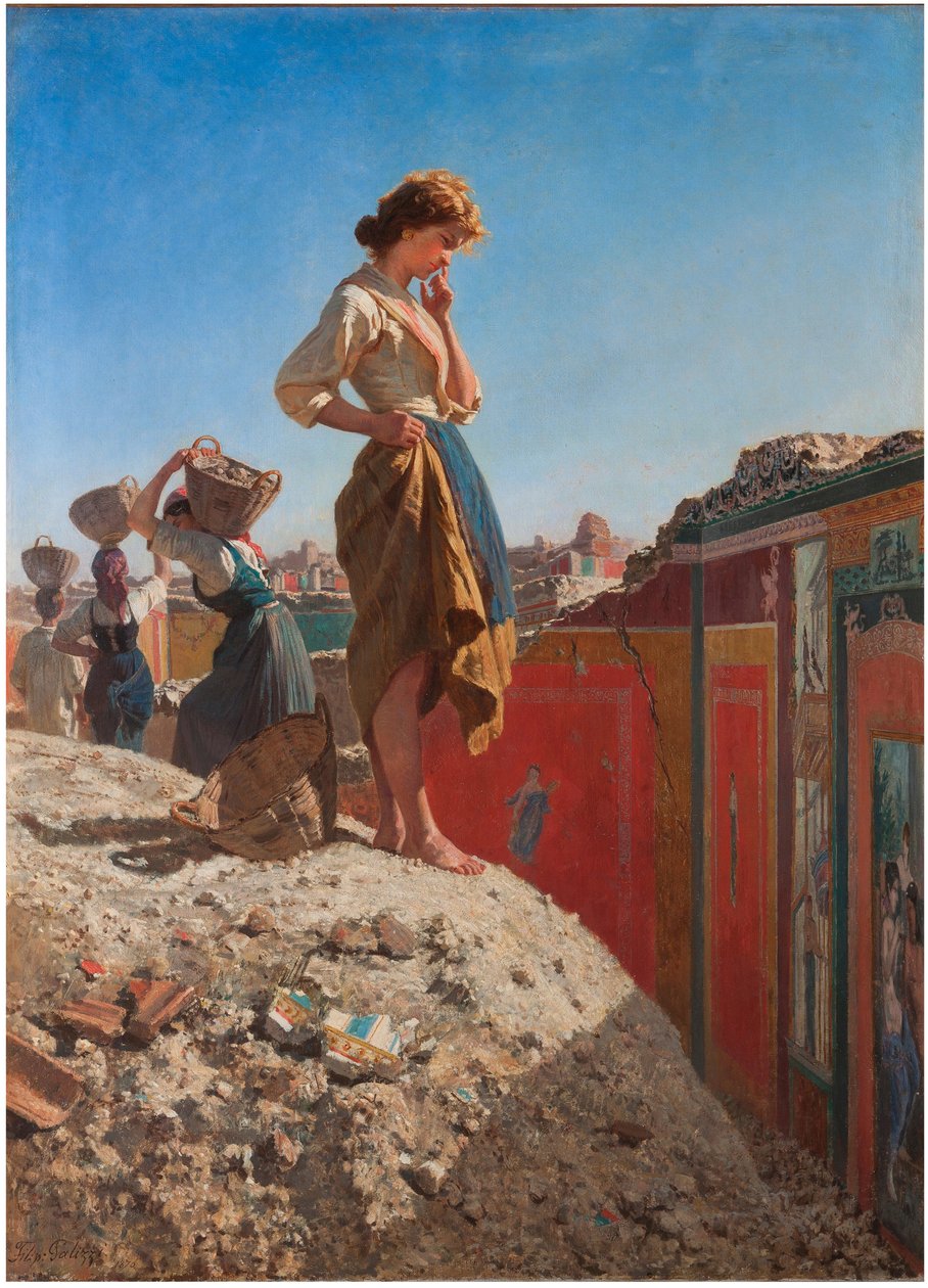 ""The excavations at Pompeii, Italy"" (The excavations at Pompeii, Italy) Filippo Palizzi (1818-1899) festménye 19. századi magángyűjtemény alkotó: Filippo Palizzi
