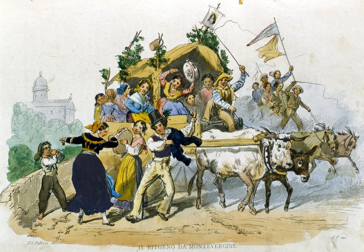 A nápolyiak vidáman térnek vissza a montevergine-i kirándulásról. F. Palizzi rajza De Bourcard „Costumi del regno di Napoli”-ból alkotó: Filippo Palizzi