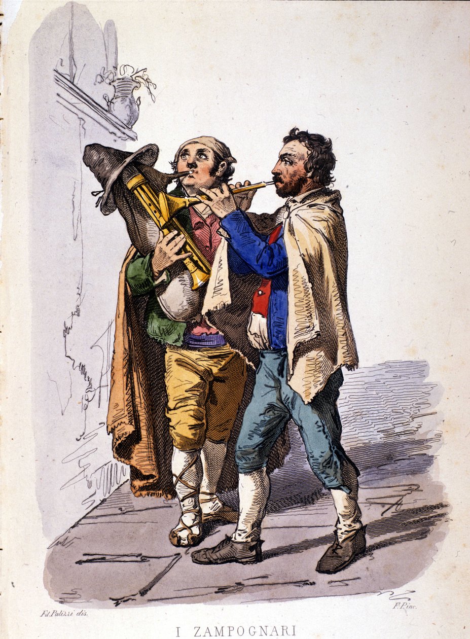 Pipe játékosok (duda). Metszet F. Palizza festménye után. Francesco de Bourcard "Nápolyi királyság jelmezei" című művéből alkotó: Filippo Palizzi
