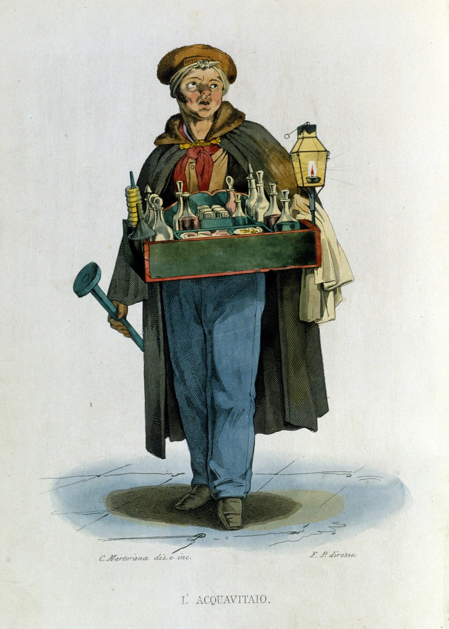 Small business of the city of Naples: a traveling salesman of brandy. Engraving after a painting by F. Palizza. From a work by Francesco de Bourcard “” Costumi del regno di Napoli”” alkotó: Filippo Palizzi