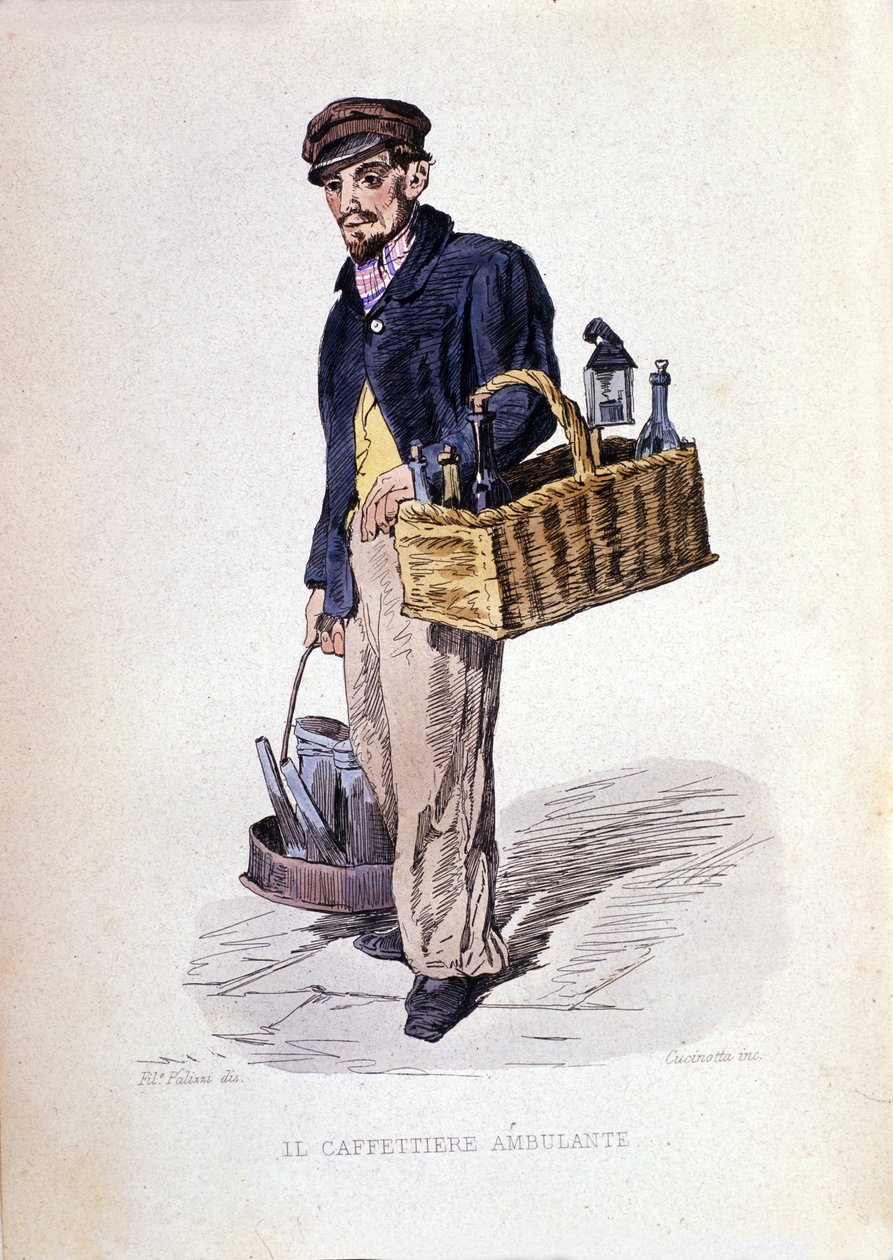 Nápoly város kisvállalkozása: a „caffettiere”, nápolyi kávékereskedő. Metszet F. Palizza festménye után. Francesco de Bourcard „” Costumi del regno di Napoli” című művéből” alkotó: Filippo Palizzi