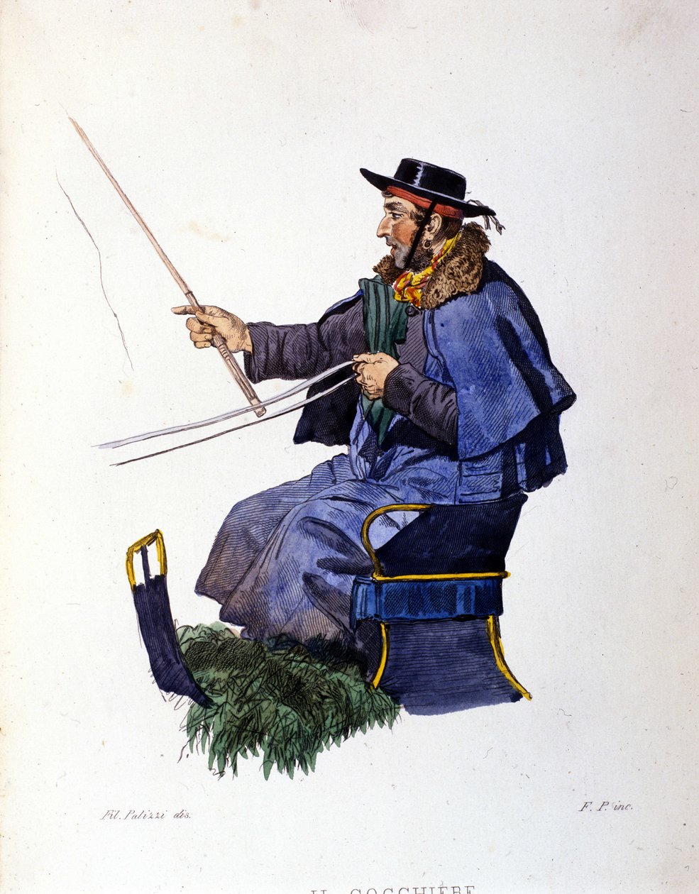 Nápoly város kisvállalkozása: a kocsis. Metszet F. Palizza festménye után. Francesco de Bourcard „” Costumi del regno di Napoli” című művéből” alkotó: Filippo Palizzi