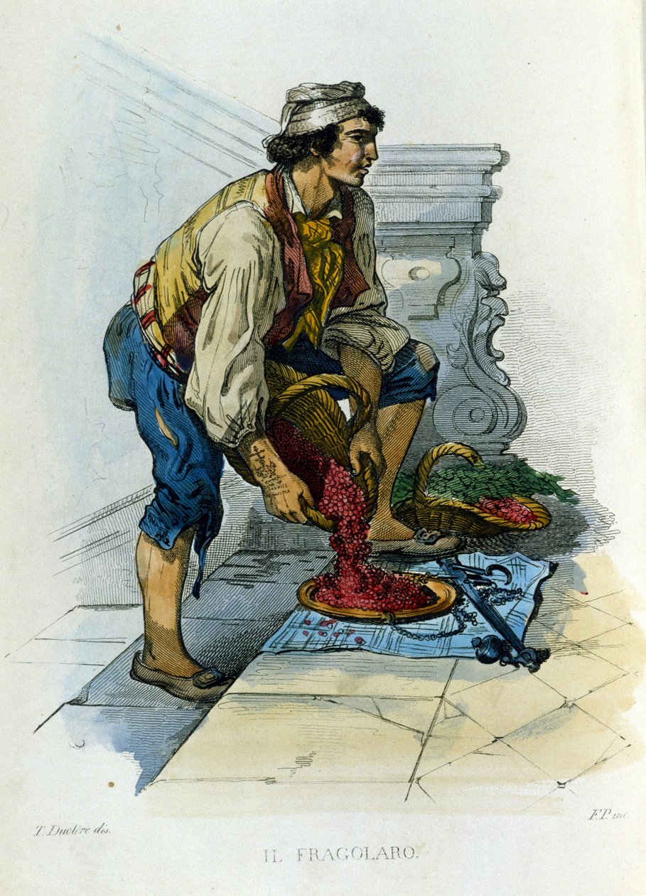 Nápoly kisvállalkozása: a „fragolaro”, egy nápolyi eperkereskedő. Metszet F. Palizza festménye után. Francesco de Bourcard „” Costumi del regno di Napoli” című művéből” alkotó: Filippo Palizzi
