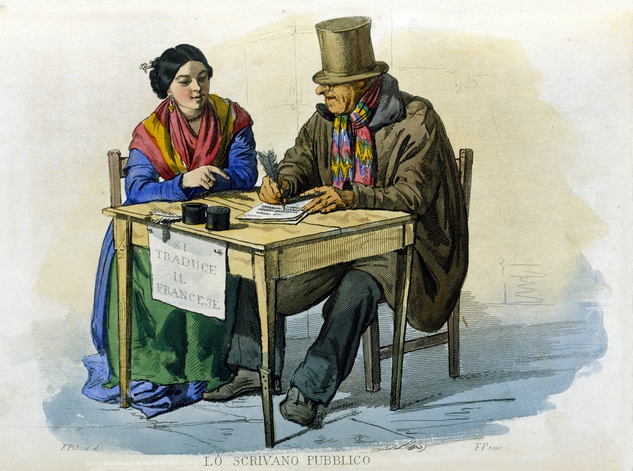 Nápoly város kisvállalkozása: a közíró. Metszet F. Palizza festménye után. Francesco de Bourcard „” Costumi del regno di Napoli” című művéből” alkotó: Filippo Palizzi