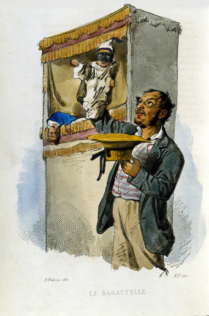 Nápoly város kisvállalkozása: a bábszínész. Metszet F. Palizza festménye után. Francesco de Bourcard „” Costumi del regno di Napoli” című művéből” alkotó: Filippo Palizzi