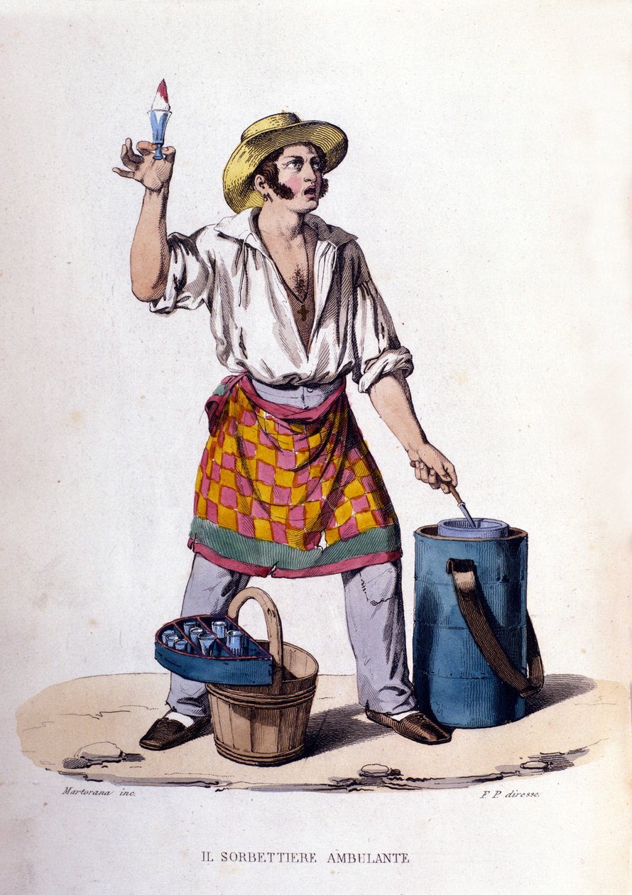 Nápoly kisvállalkozása: fagylalt és sorbet árusító. Metszet F. Palizza festménye után. Francesco de Bourcard „” Costumi del regno di Napoli” című művéből” alkotó: Filippo Palizzi