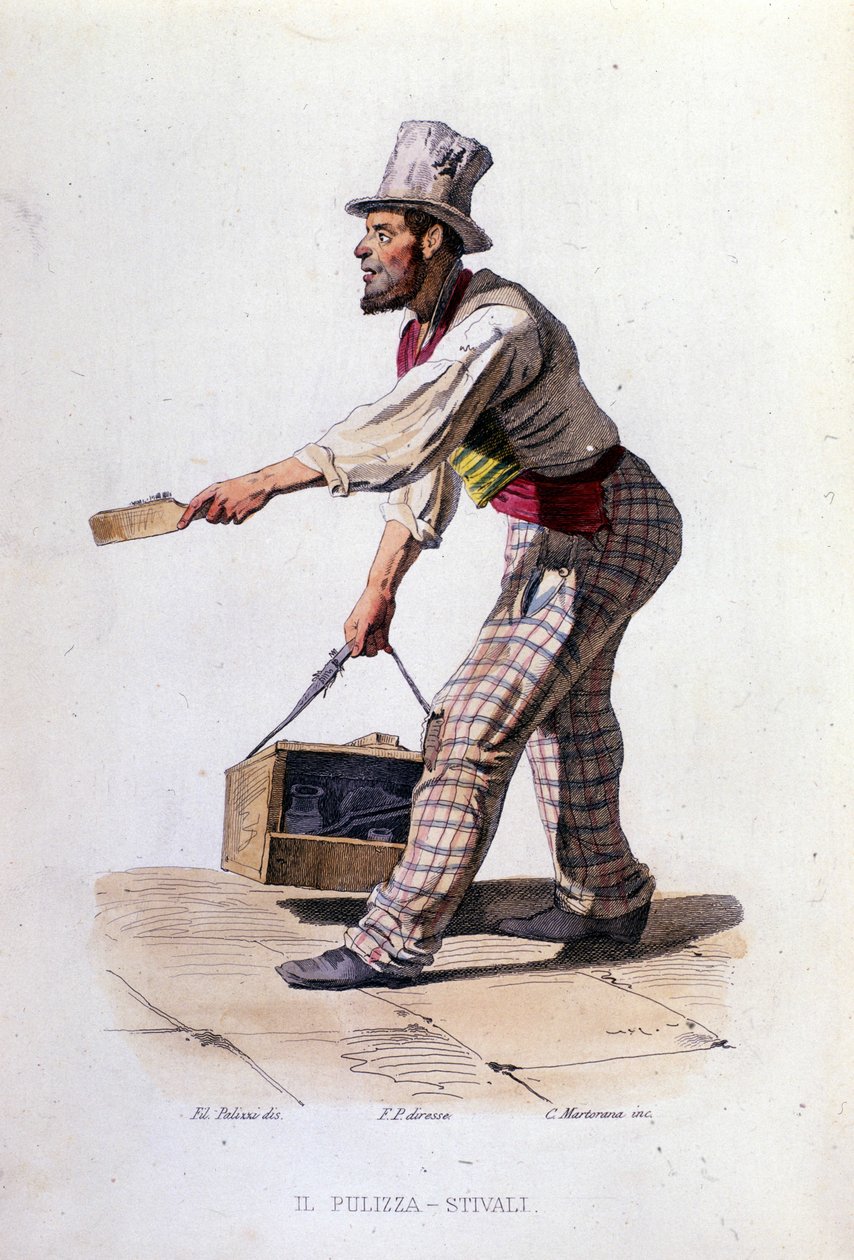 Nápoly kisvállalkozása: a cipőtisztító. Metszet F. Palizza festménye után. Francesco de Bourcard „” Costumi del regno di Napoli” című művéből” alkotó: Filippo Palizzi