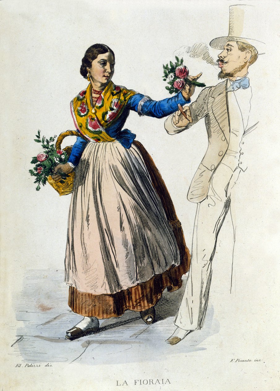 Small business of the city of Naples: young florist tending a bouquet to an elegant man. Engraving after a painting by F. Palizza. From a work by Francesco de Bourcard “” Costumi del regno di Napoli”” alkotó: Filippo Palizzi