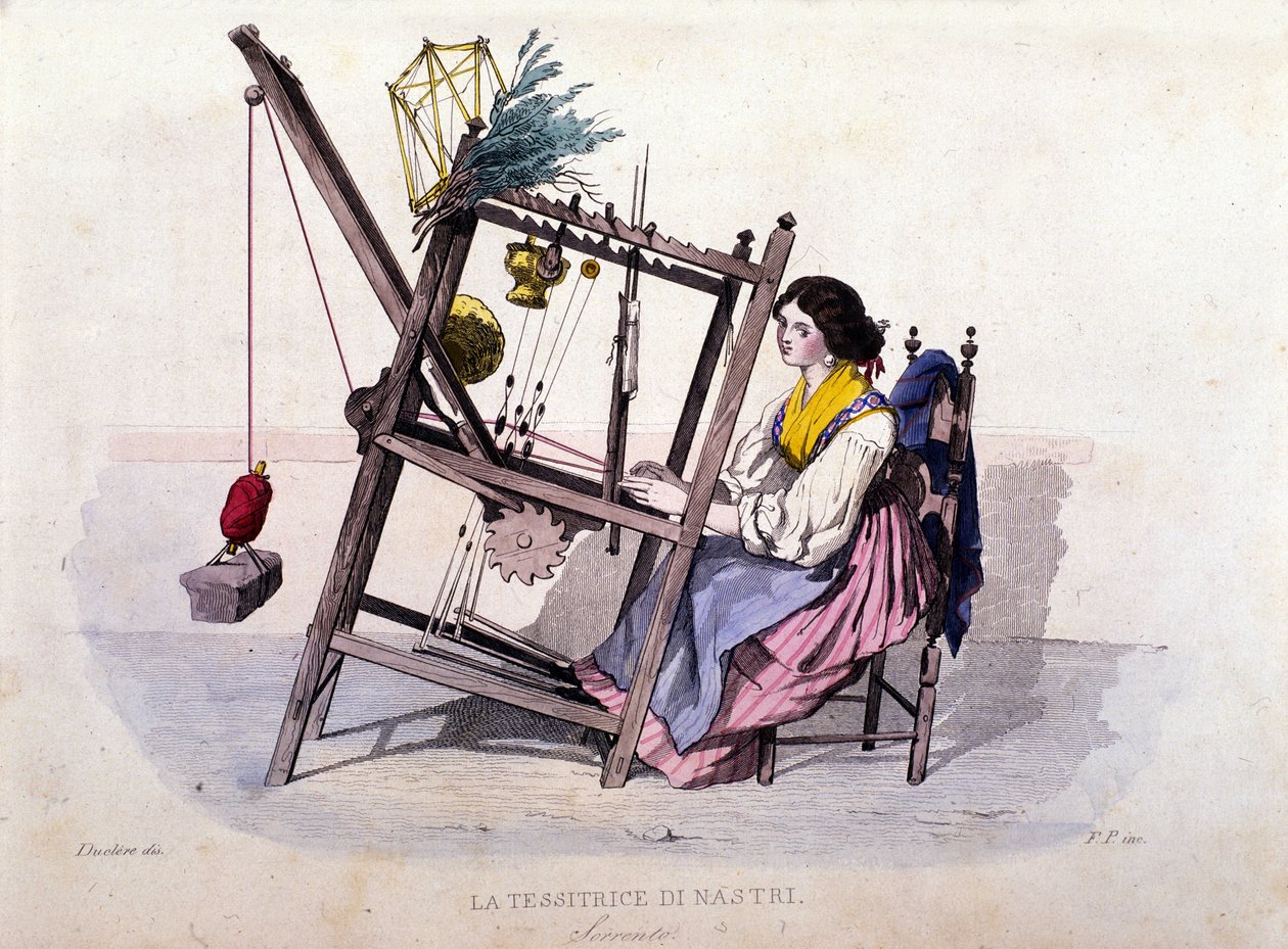 A nápolyi királyság kisvállalkozása: fiatal nő Sorrentóból, szalagokat szövő. Metszet F. Palizza festménye után. Francesco de Bourcard „” Costumi del regno di Napoli” című művéből” alkotó: Filippo Palizzi