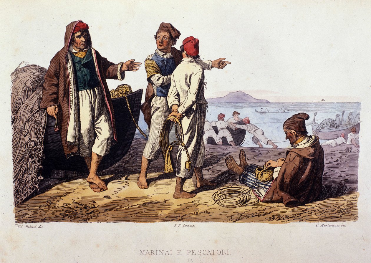 A Nápolyi Királyság kis csapata: tengerészek és halászok. Metszet F. Palizza festménye után. Francesco de Bourcard „” Costumi del regno di Napoli” című művéből” alkotó: Filippo Palizzi