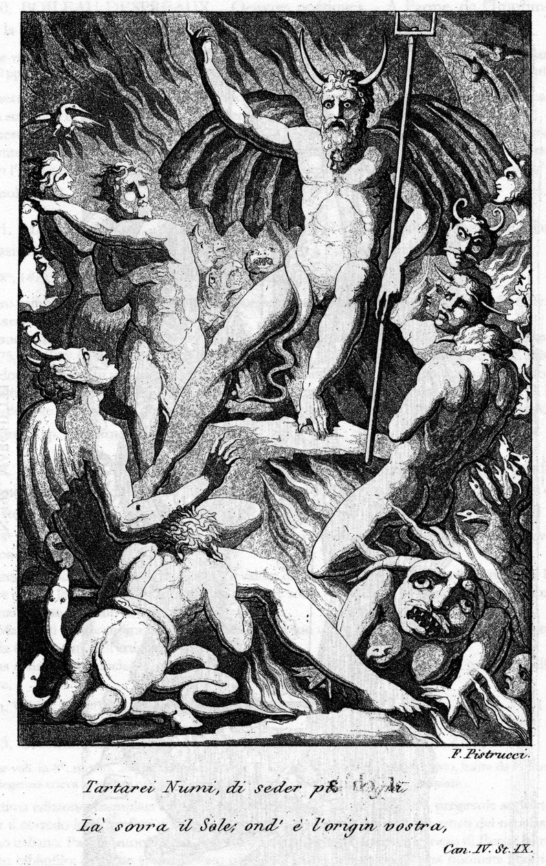 Illusztráció Torquato Tasso (a bögre néven ismert) „The Jerusalem Delivree” című jelenetéről. "" Tartarei Numi, hogy méltóbban üljön a Nap felett... "" IV. ének. Illusztráció: Filippo PISTRUCCI (1782-1859). alkotó: Filippo Pistrucci
