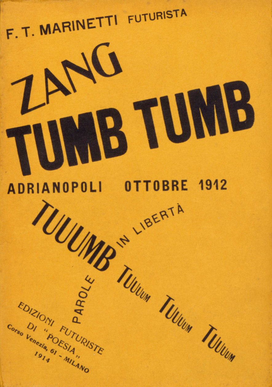 Filippo Tommaso Marinetti "Zang Tumb Tumb" című könyvének borítója 1912-ből. Milánó magángyűjtemény alkotó: Filippo Tommaso Emilio Marinetti