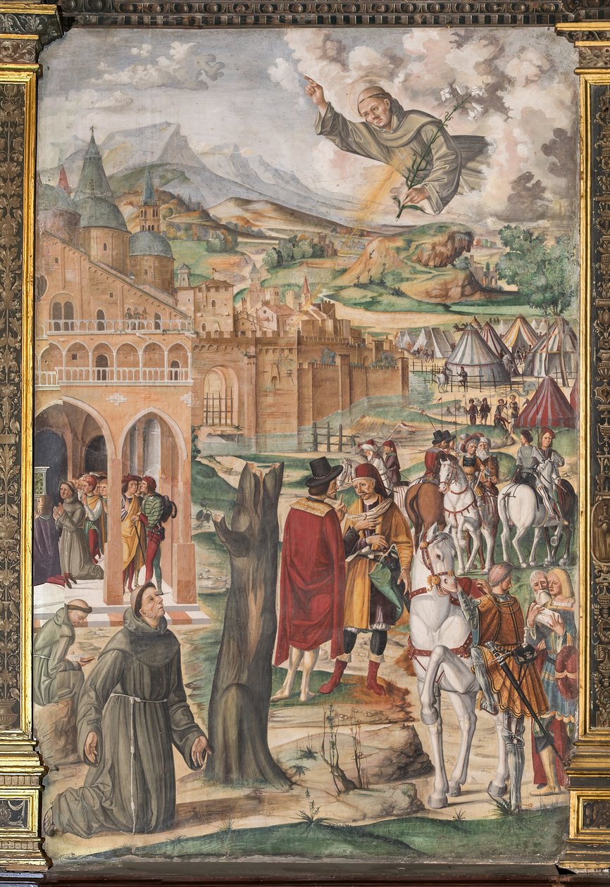 A szent megjelenése az áldott Luca Belludinak, Padova felszabadítását jósolva, a Szent Iskola alkotó: Filippo da Verona